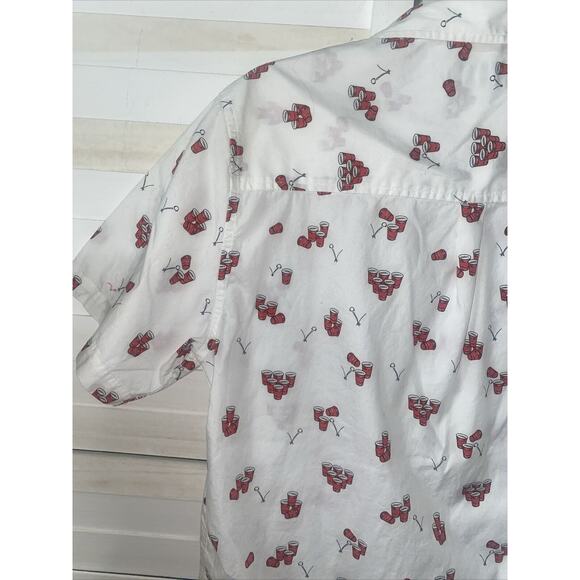 Departwest Beer Pong Short Sleeve Button Up Shirt White Red Men's Size Medium - Picture 8 of 8